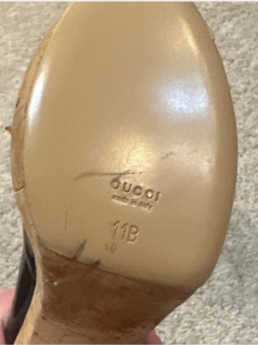 Gucci Black Patent Leather Cork Platform Peep-Toe Slingbacks with Logo